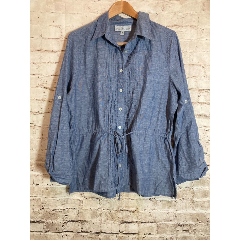 Samantha Grey Top Womens 16 Chambray Blue Cotton Linen Blend‎ Pleated Tie Waist